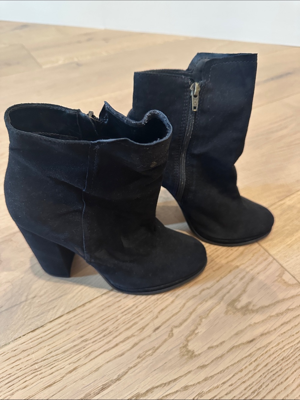 Women's Black Suede Mid-Heel Ankle Booties with Side Zip